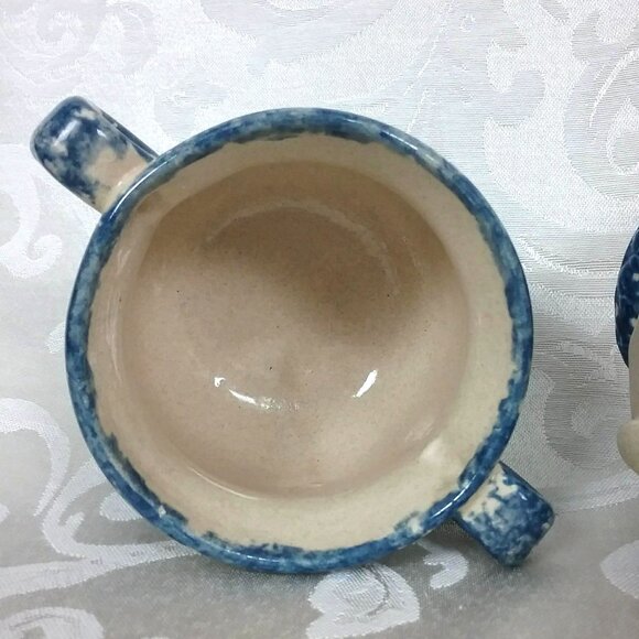 Vintage Spongeware Creamer and Sugar Set. Blue and Tan Studio Pottery Tableware - Picture 11 of 12